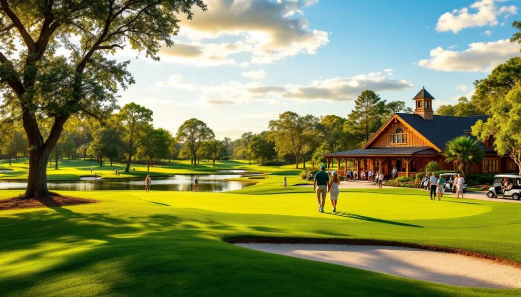 A charming course with a rustic clubhouse, water features, and couples enjoying the day.