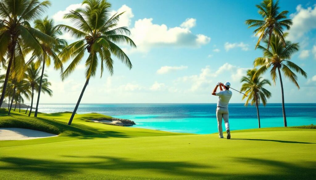 A coastal golf course with ocean views and sandy beaches, showcasing the best golf courses in Key West.