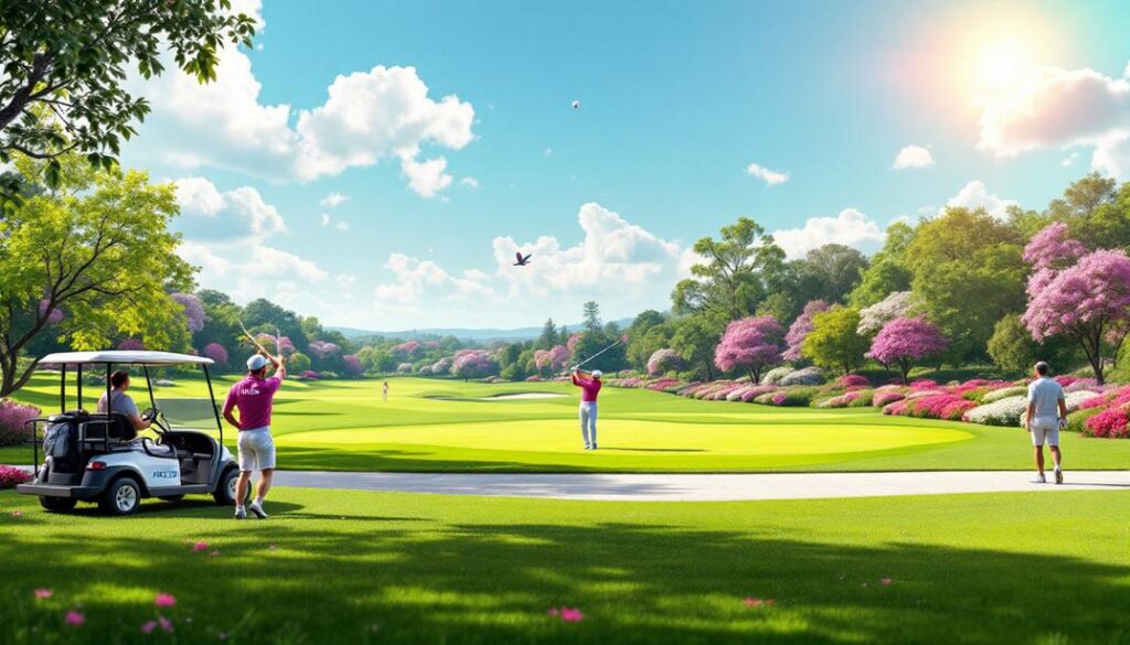 A colorful course adorned with blooming flowers, golfers, and a scenic cart path.