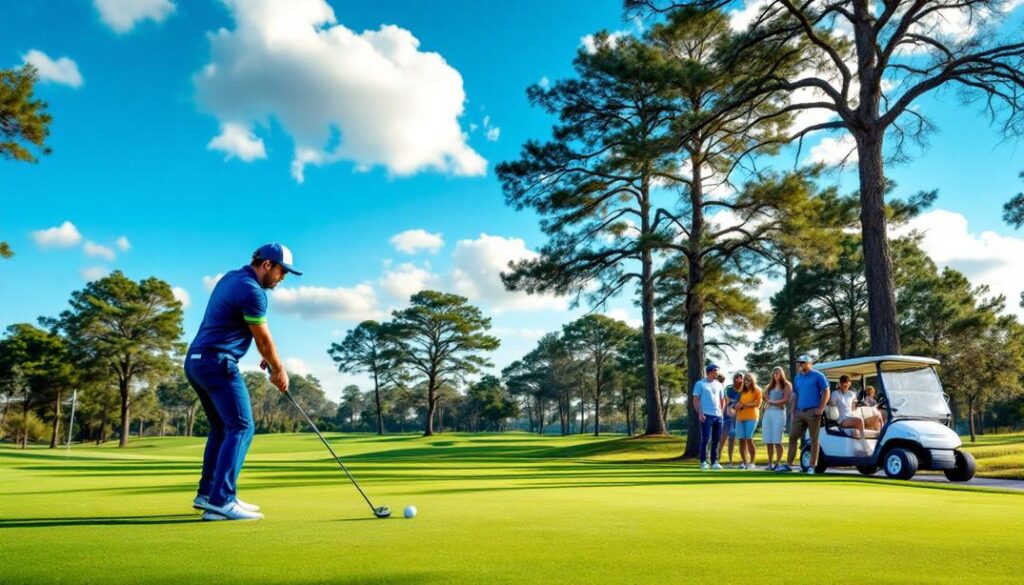 A focused golfer preparing to putt as onlookers gather, reflecting the vibrant atmosphere of the best golf courses in Winter Garden.