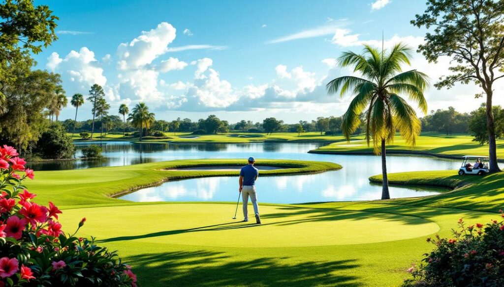 A golfer enjoys a stunning lakeside view with surrounding floral accents and palm trees.