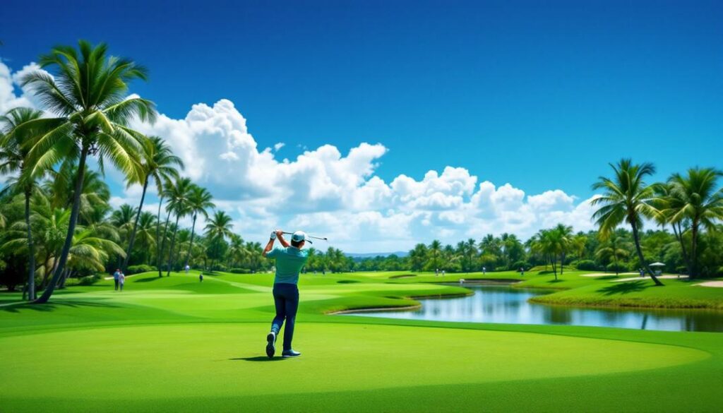A golfer mid-swing on a pristine course with palm trees and a clear, sunny sky.