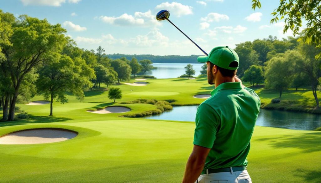 A golfer overlooking a serene course with water hazards and dense greenery.