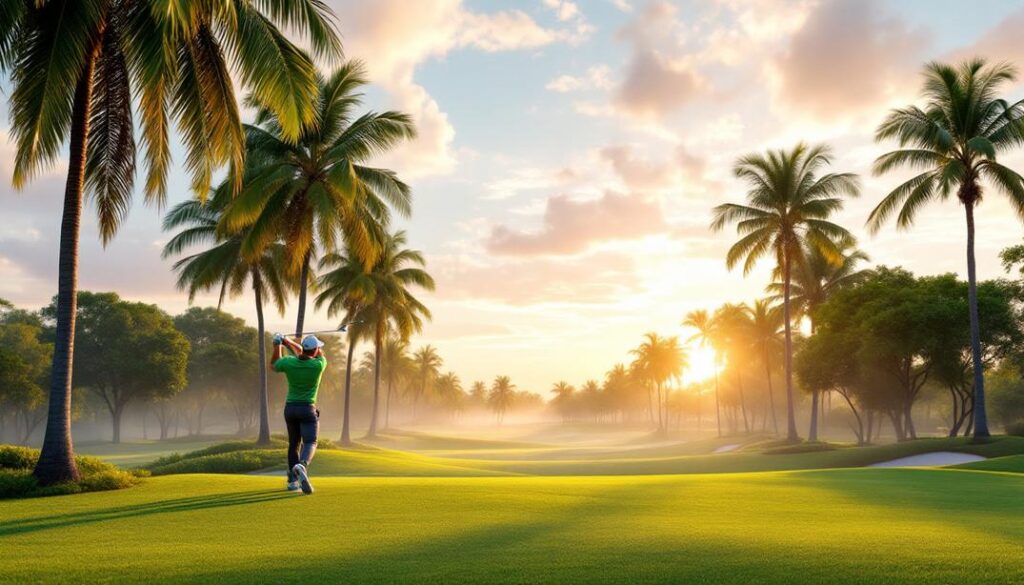 A golfer playing on a course surrounded by tropical palm trees during sunrise.