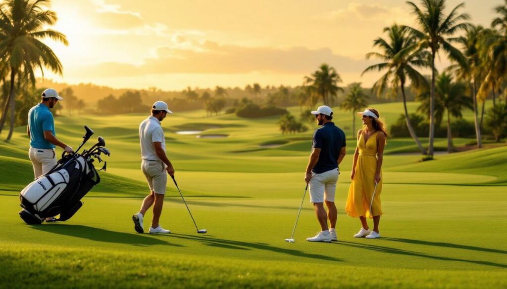 A golfer plays at sunset on a course lined with palm trees and golden hues.