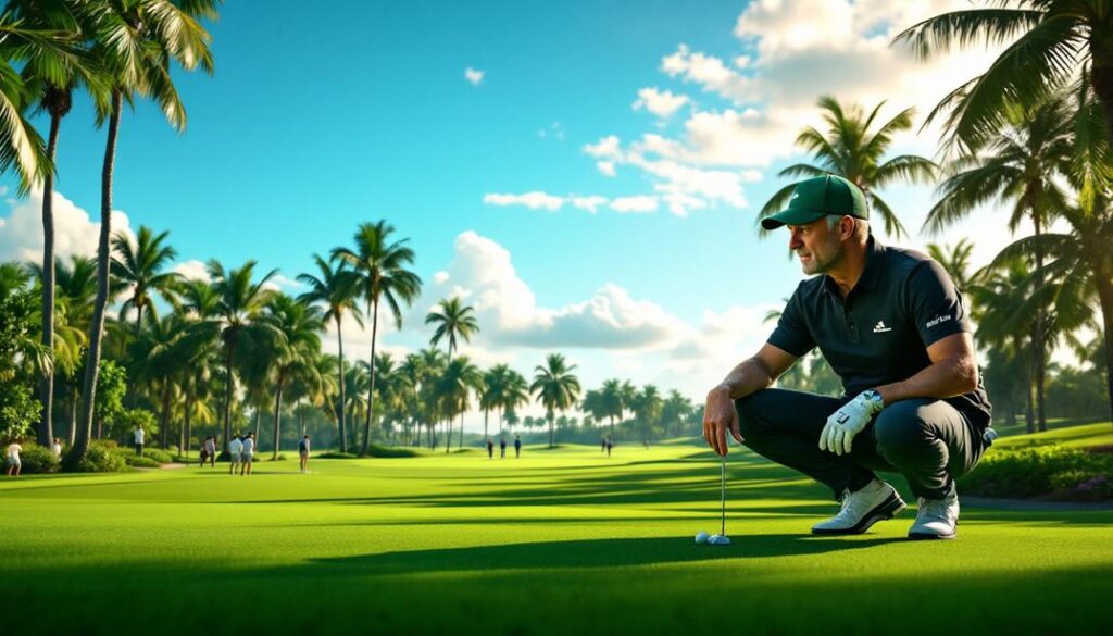 A golfer squatting for a close putt on a sunny course lined with swaying palm trees.