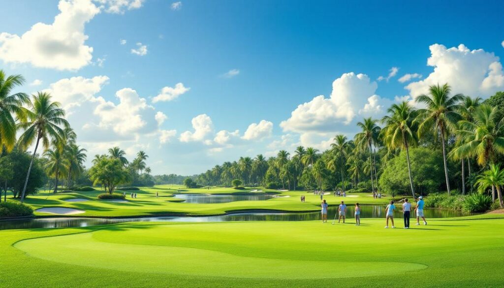 A golfer standing against a vibrant backdrop of trees and hills, showcasing the best golf courses in Tampa.