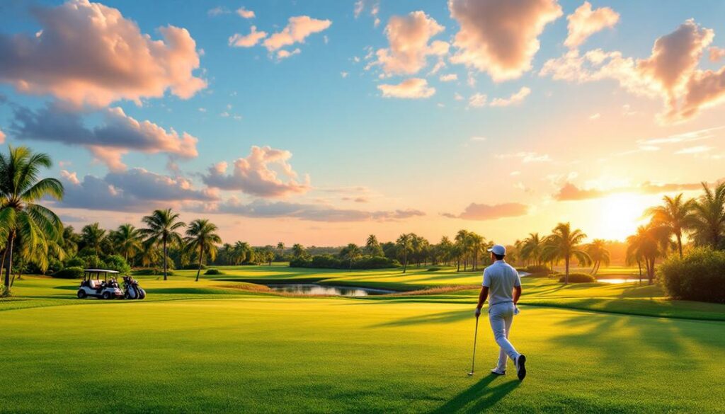 A golfer strolls across the greens at sunset, framed by palm trees and serene water.