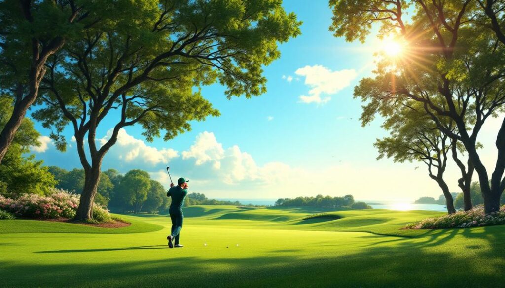 A golfer swinging in a sunlit fairway surrounded by towering trees and peaceful surroundings.