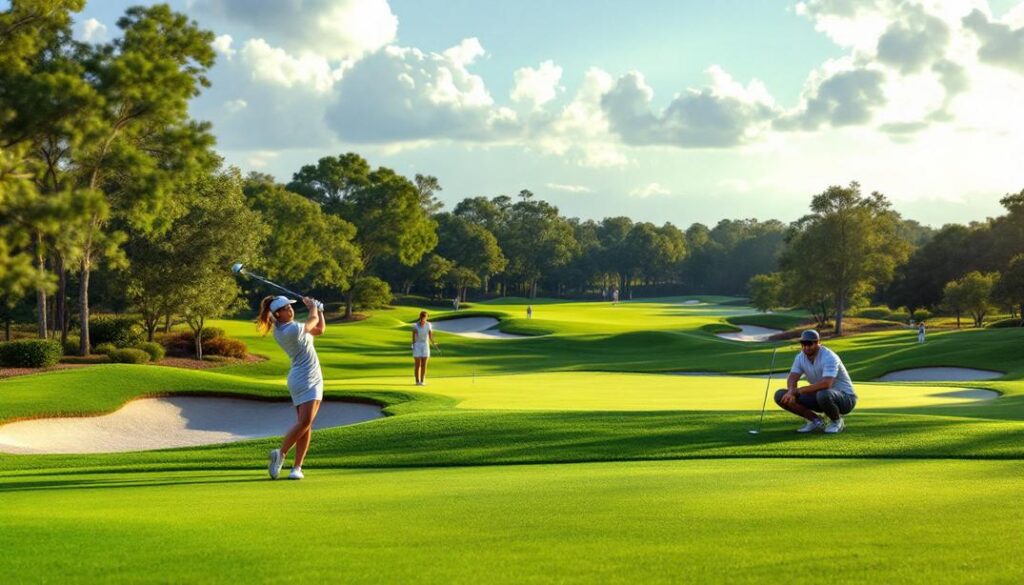A golfer swings on a lush, sunlit course surrounded by sand bunkers and trees.