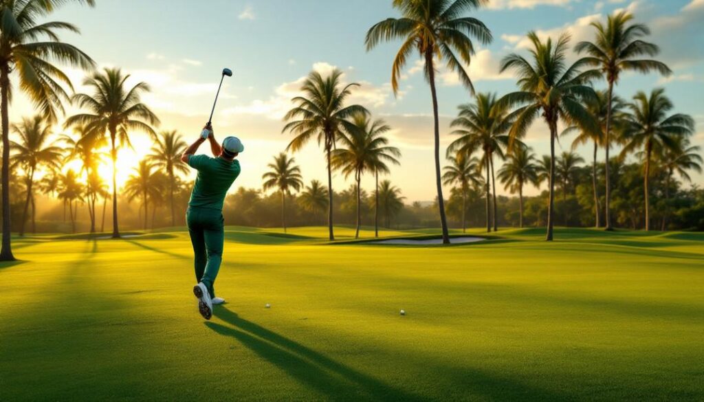 A golfer tees off at sunrise on one of the best golf courses in Naples, framed by iconic palm trees.