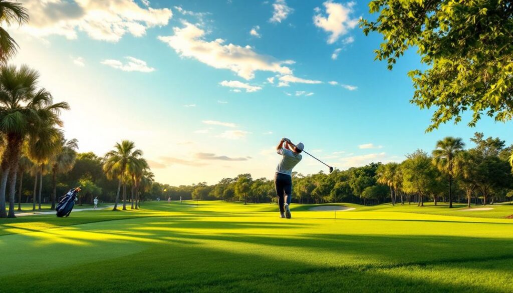 A golfer tees off on a vibrant course lined with palm trees under a bright blue sky.