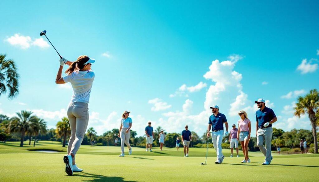 A group of friends enjoying a sunny day on the greens, showcasing the best golf courses in Winter Haven.