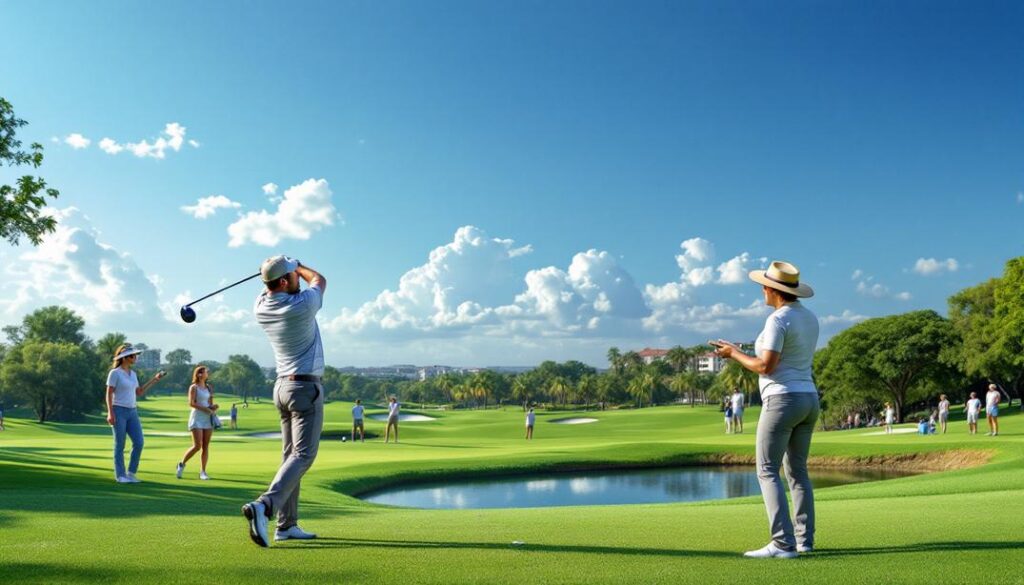 A group of golfers gathers near a picturesque water feature with palm trees in the background.