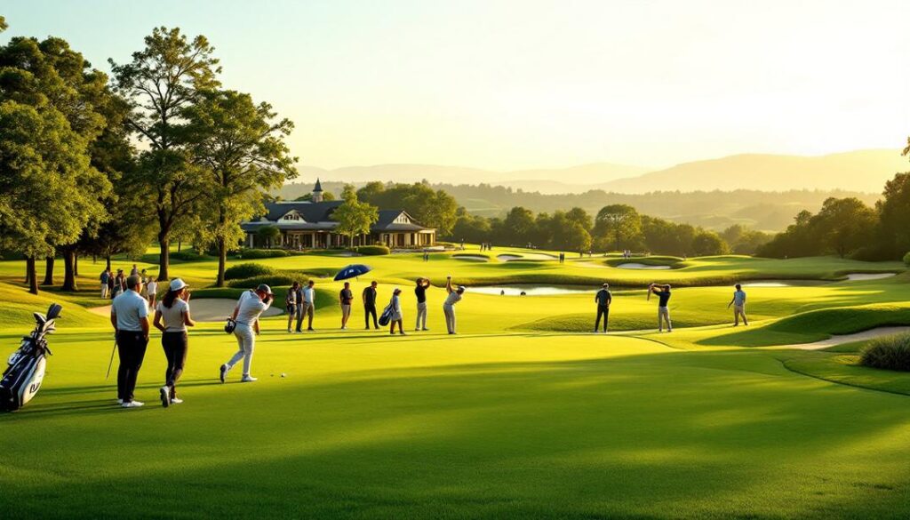 A group of golfers playing at sunset on a course with rolling hills and a charming clubhouse.