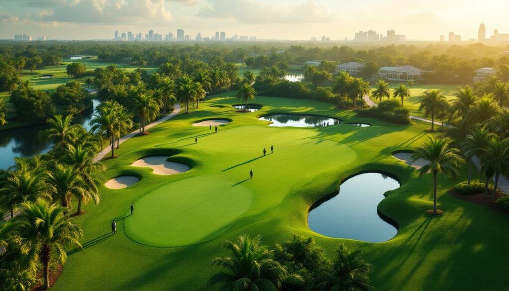 A luxurious golf course with palm trees, water hazards, and a city skyline in the distance.