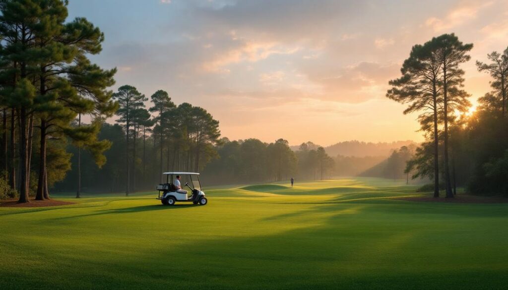 A peaceful, misty golf course with a golf cart and player enjoying an early morning round.