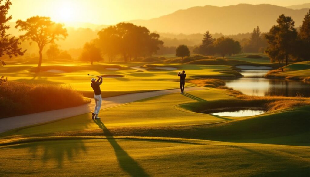 A picturesque golf course at sunset with golden light highlighting rolling fairways and players mid-swing.