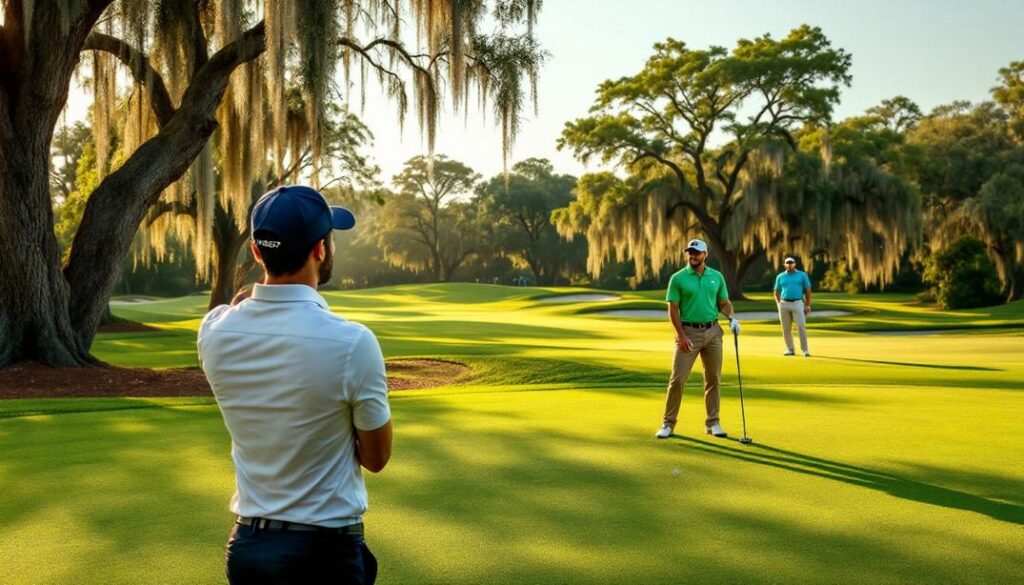 A professional golf course with lush greens and water features, illustrating the best golf courses in Jacksonville.