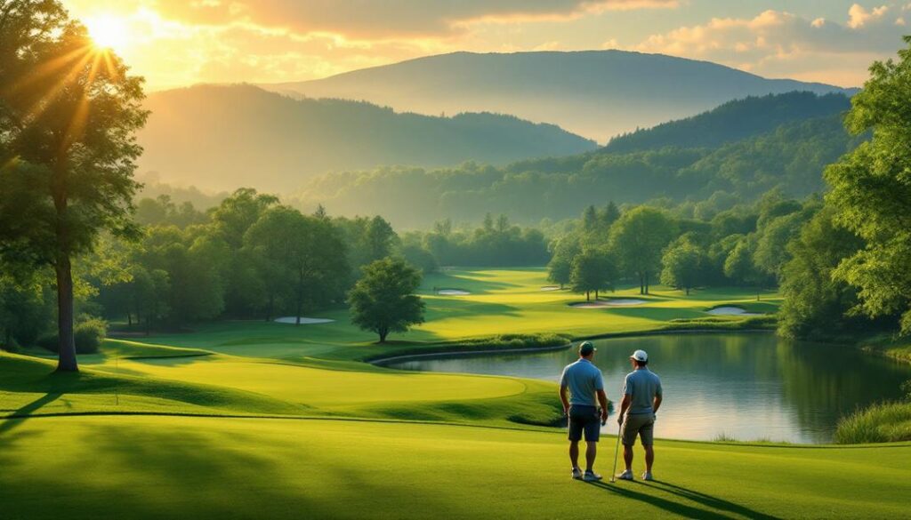 A scenic, mountainous backdrop with golfers standing by a serene lake amidst verdant fairways.