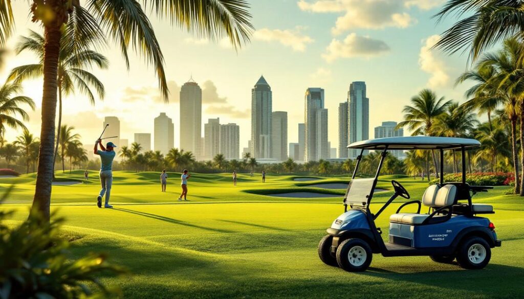 A scenic view of a lush fairway under a sunny sky showcasing the best golf courses in Miami.