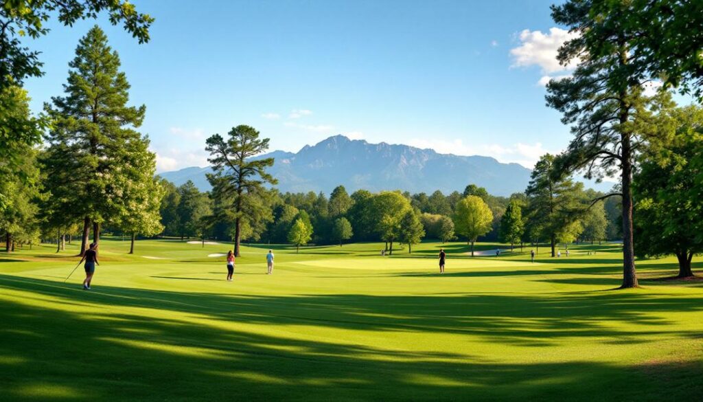 A serene golf course with distant mountain views and players enjoying the sunny day.