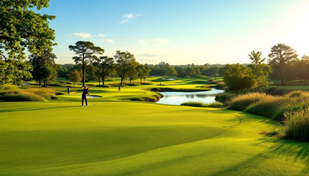 A serene golf course with lush greens, a tranquil pond, and players enjoying a sunny day.