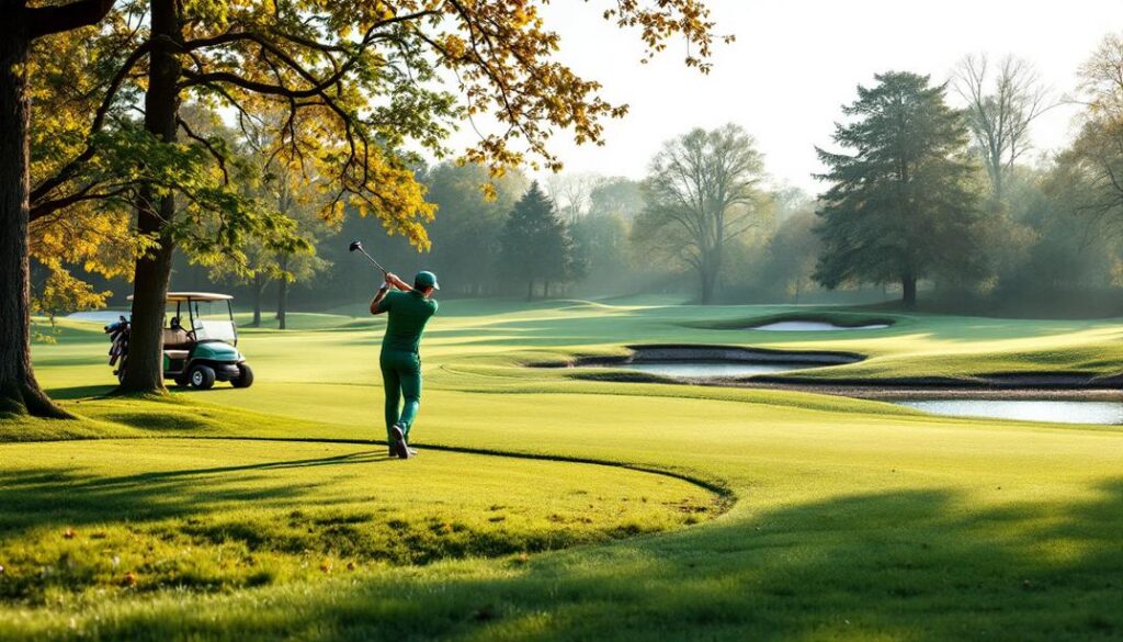 A serene golfer taking a swing on a lush, tree-lined course, highlighting the best golf courses in Winter Springs.
