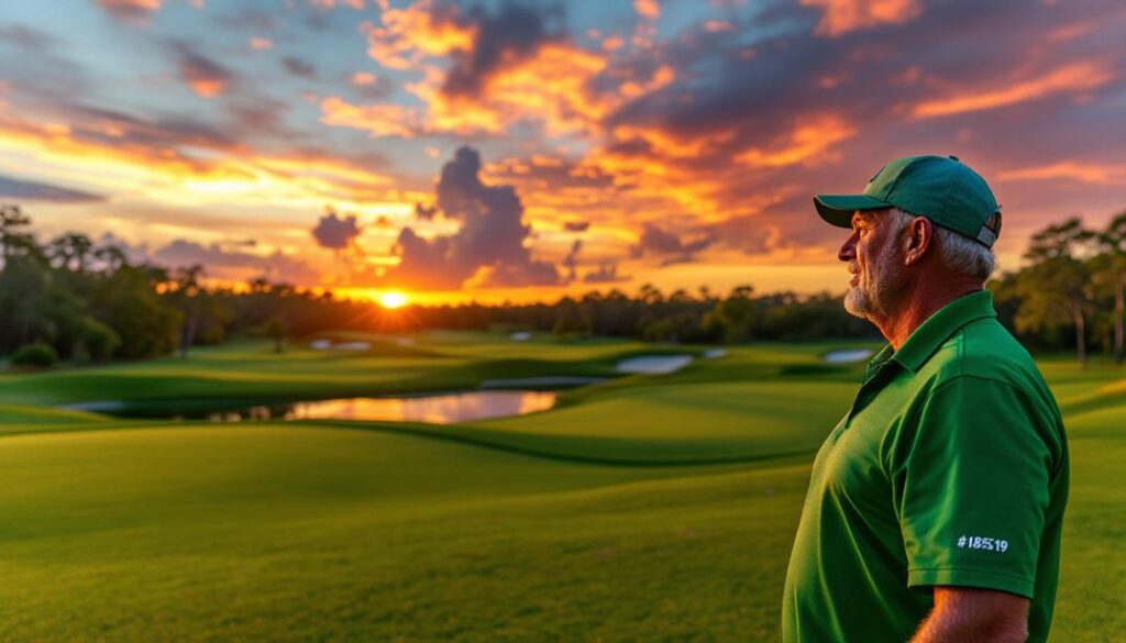A serene sunset view over one of the best golf courses in New Smyrna Beach, highlighting its breathtaking scenery and tranquility.