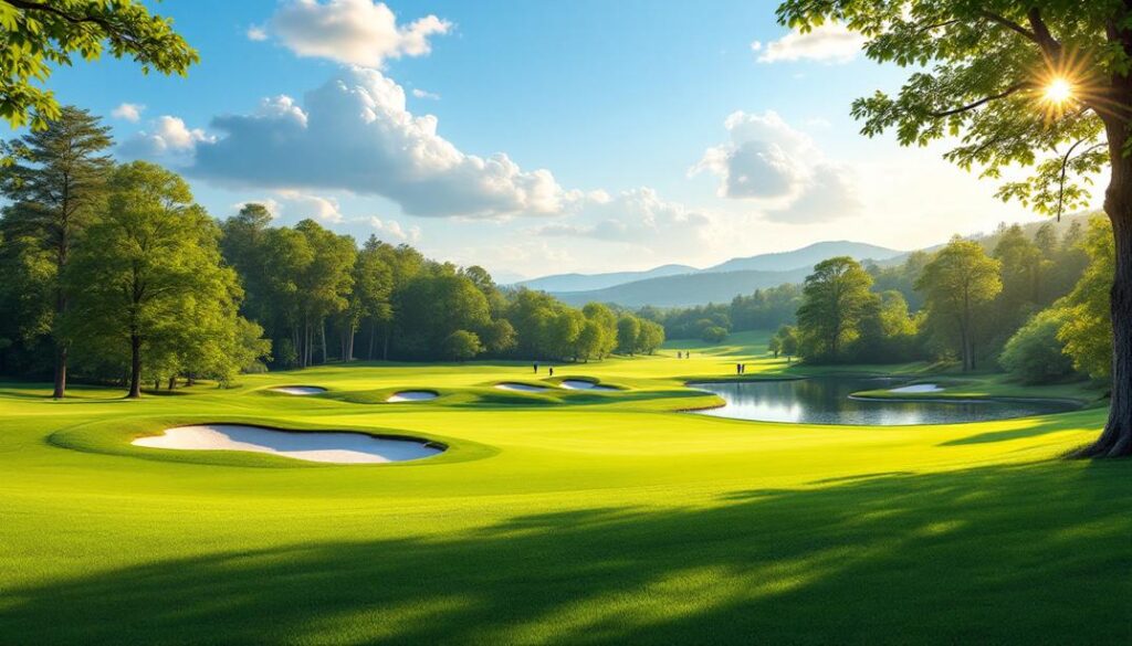 A stunning golf course with fairways flanked by sand bunkers, trees, and a reflecting lake.