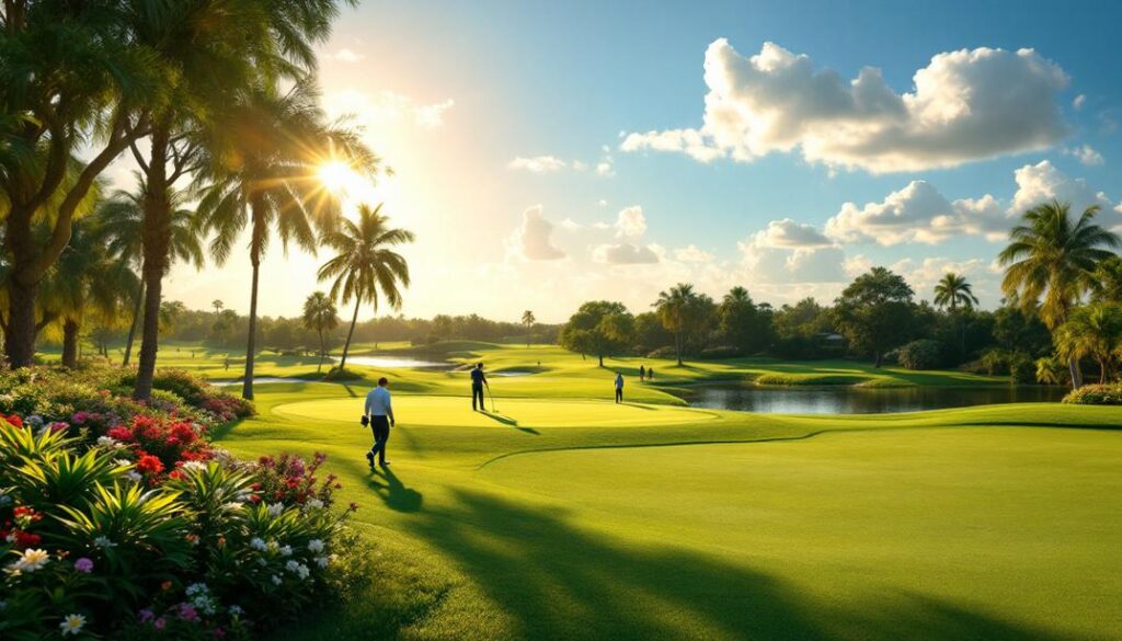 A sunny golf course framed by palm trees and colorful flowers, with golfers playing near a water hazard.