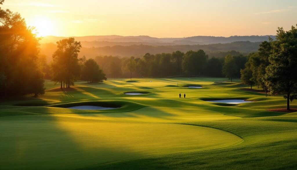 A sunrise over the fairway with golfers in action, illustrating the allure of the best golf courses in Wesley Chapel.