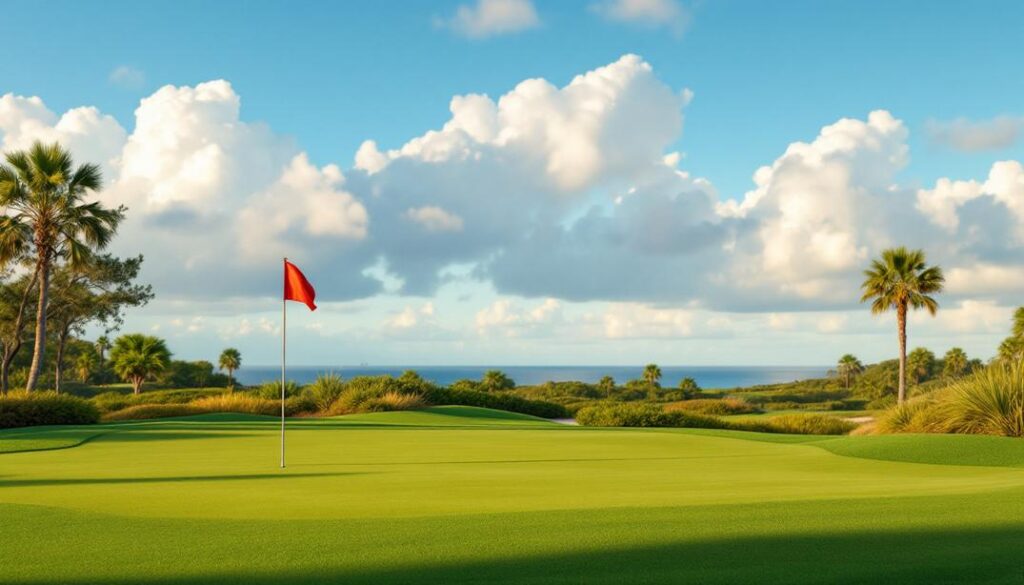 A tranquil course surrounded by palm trees and water hazards, highlighting the best golf courses in Marco Island.