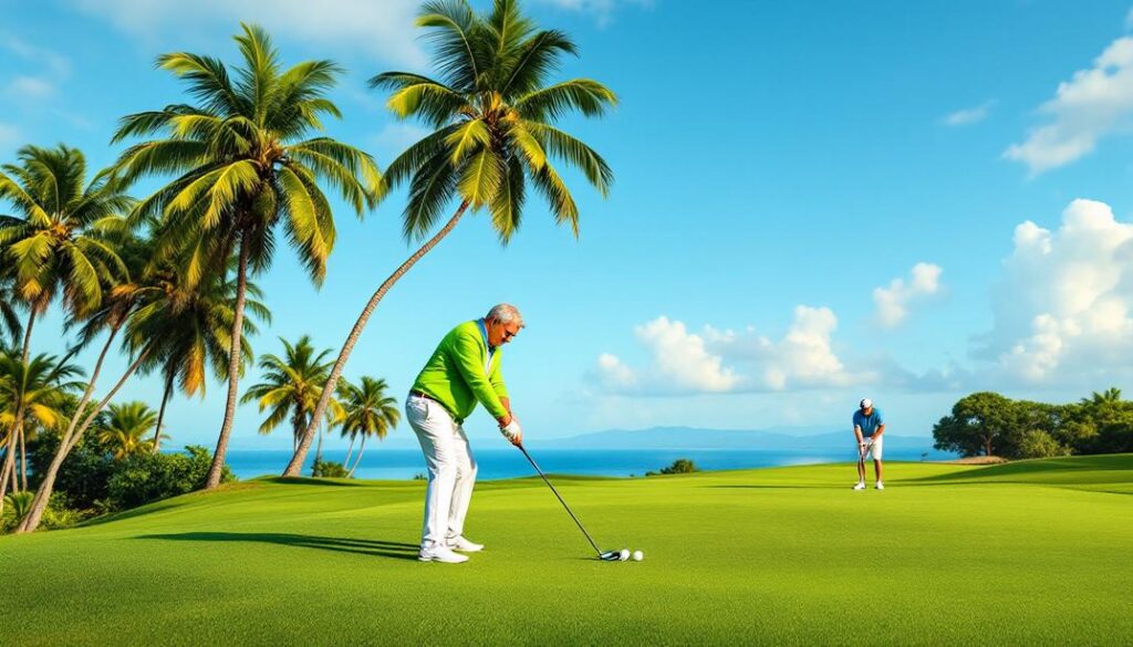 A tropical golf course surrounded by palm trees with ocean views and golfers putting on a vibrant green.