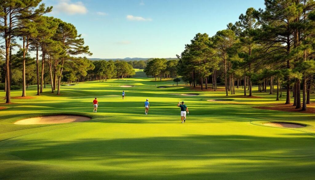 A vast and open course with rolling hills and distant trees, capturing the essence of the best golf courses in Longwood.