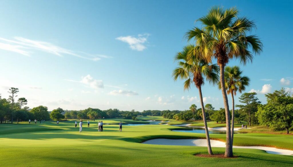 A vibrant green course with palm trees and golfers walking under a bright blue sky.