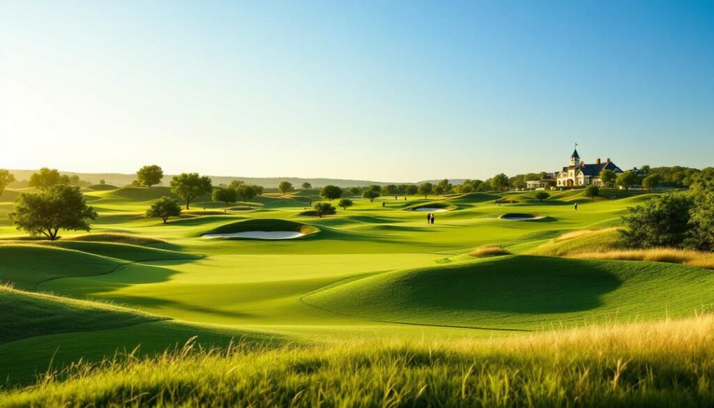 A wide, sunny fairway with clear skies and distant views, offering a glimpse of the best golf courses in Lockhart.