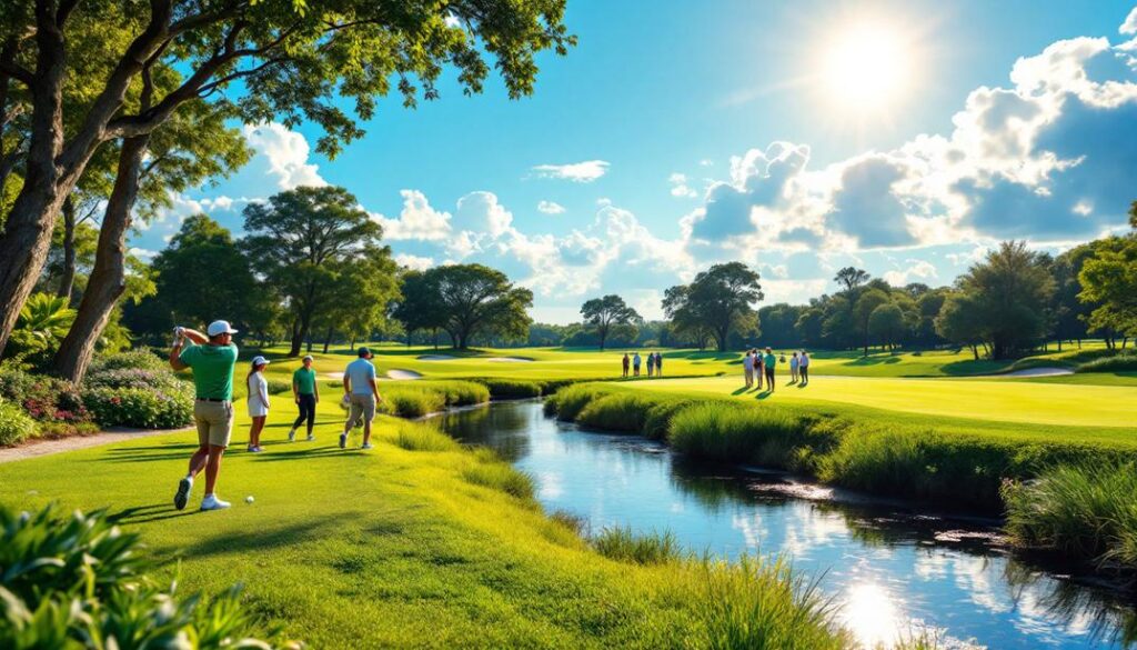 Golfers enjoying a vibrant course near a calm stream with abundant greenery.