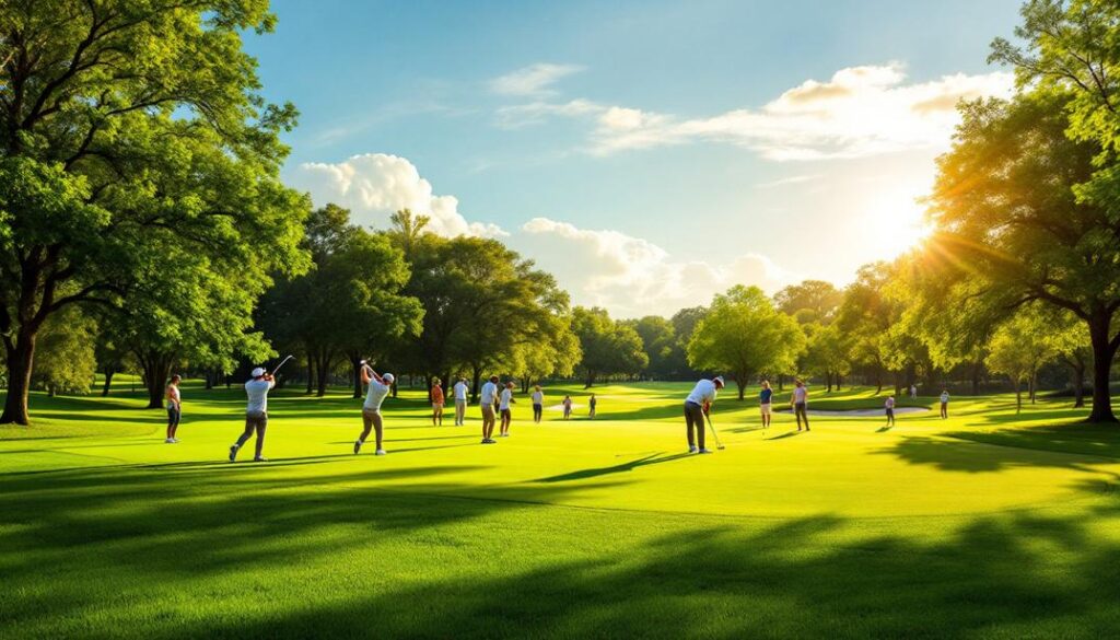Golfers enjoying a vibrant day at one of the best golf courses in New Port Richey, surrounded by lush greenery and open spaces.