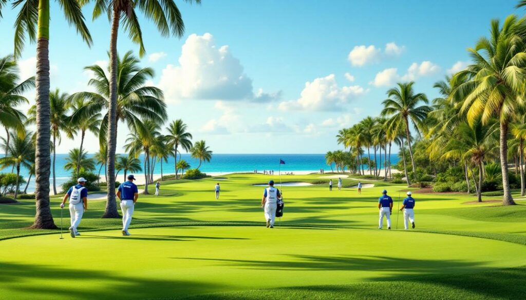 Golfers on a coastal course with palm trees and a scenic ocean backdrop.
