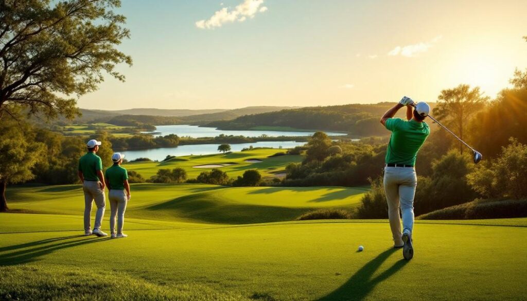 Golfers overlooking a tranquil lake on a picturesque course at sunset.