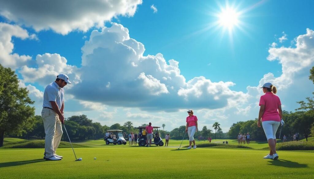 Golfers prepare their shots on a sunny course featuring dramatic skies and vibrant greens.