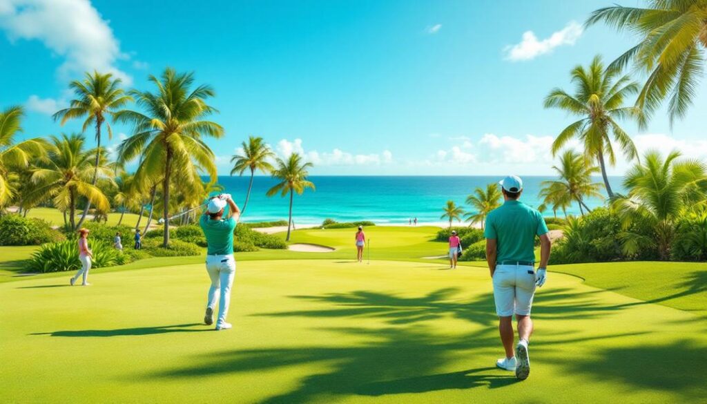 Players approach the green with a stunning ocean backdrop at one of the best golf courses in Miami Beach, offering a perfect blend of sport and scenery.