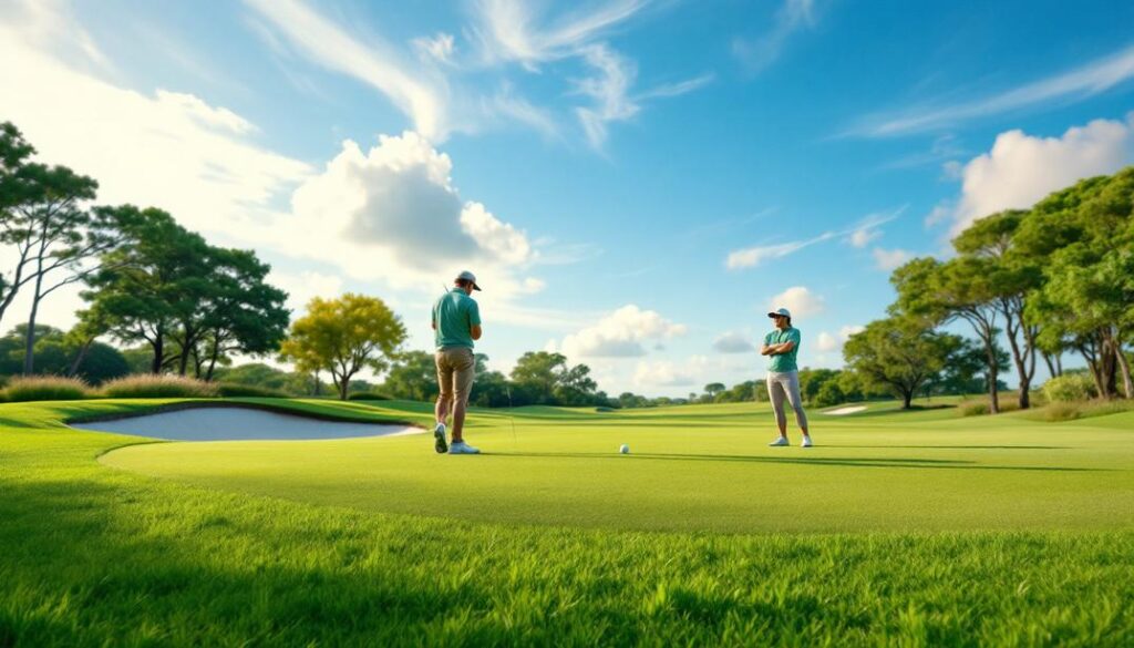 Two golfers on a lush, vibrant course under a bright blue sky with scattered clouds.