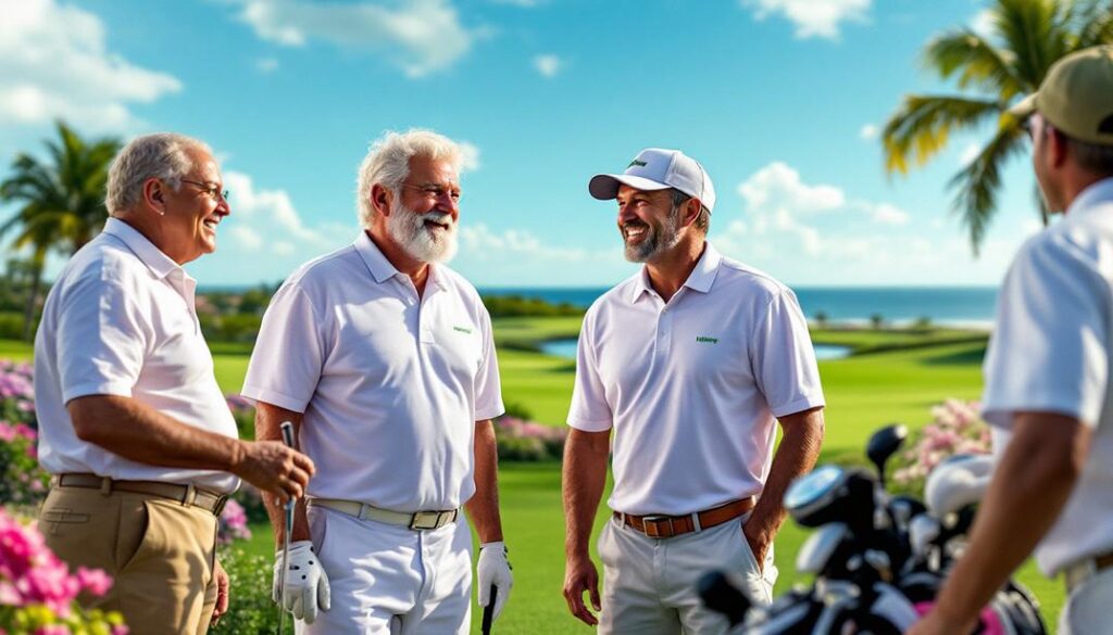 Golfers gather at an elegant clubhouse surrounded by vibrant greens in Palm Beach, a hub for the best golf courses in Palm Beach.