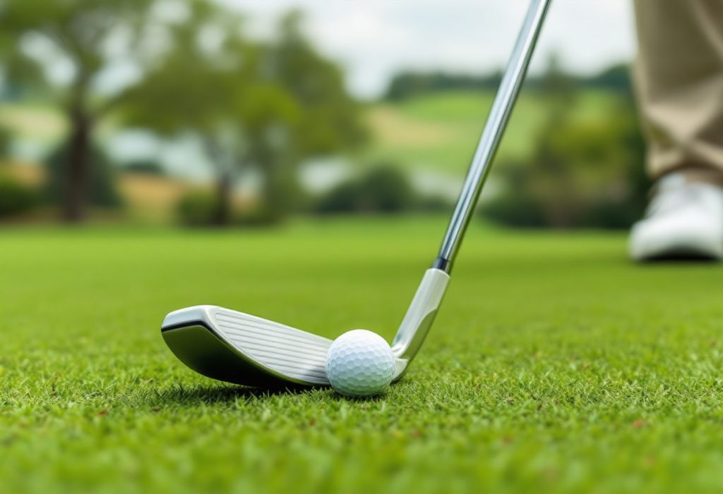 A close-up of a golf club about to hit the ball on the green.