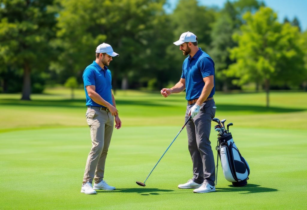 A golf coach giving a beginner player guidance on stance and swing.