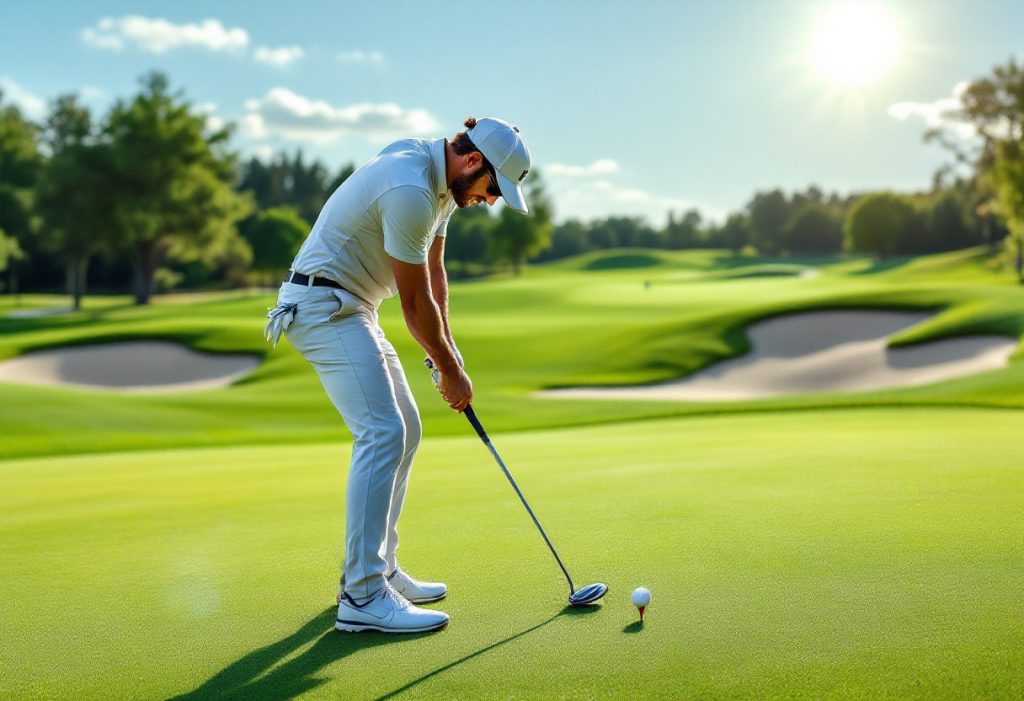 A golfer dressed in white lining up a putt in a sunlit golf course.