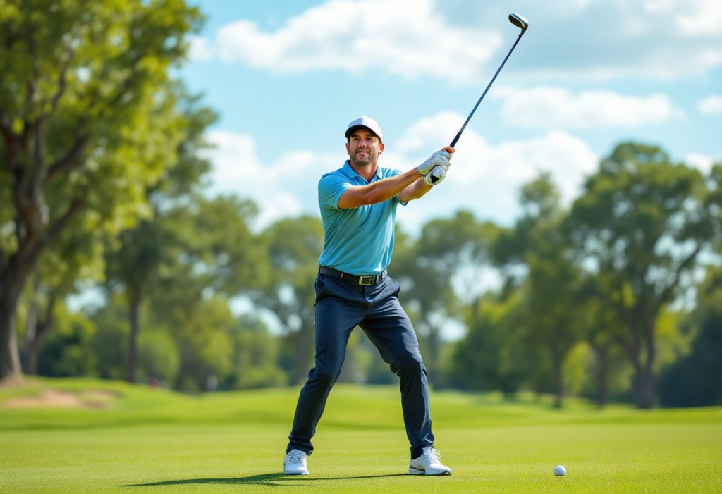 A golfer in a strong stance, preparing for a powerful swing.
