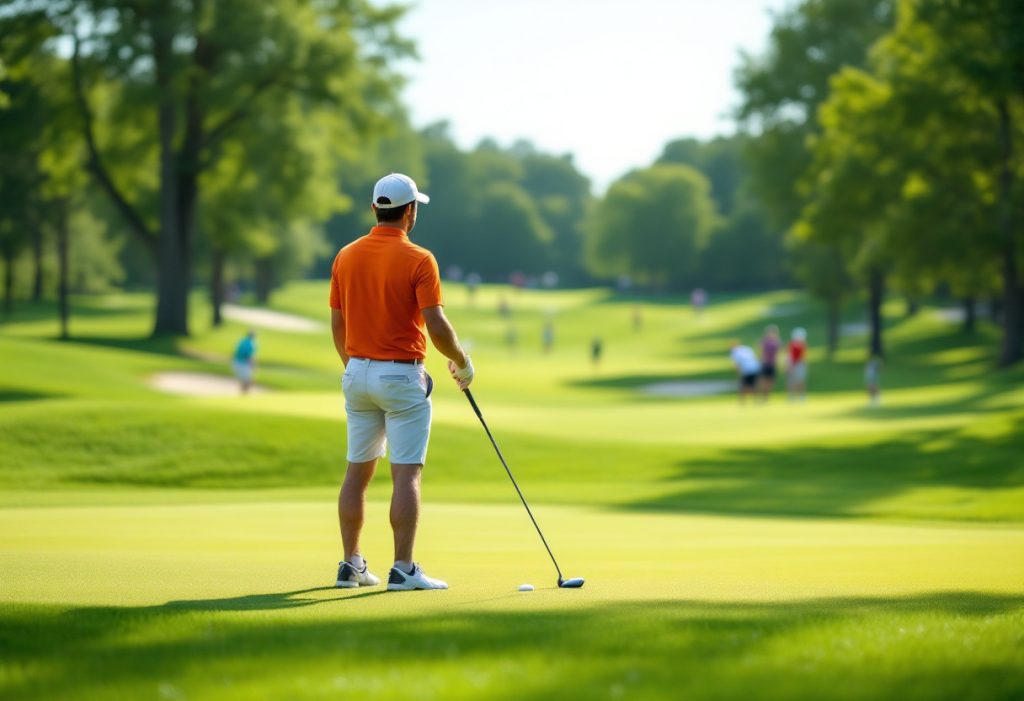 A golfer in an orange shirt strategizing before taking a shot.